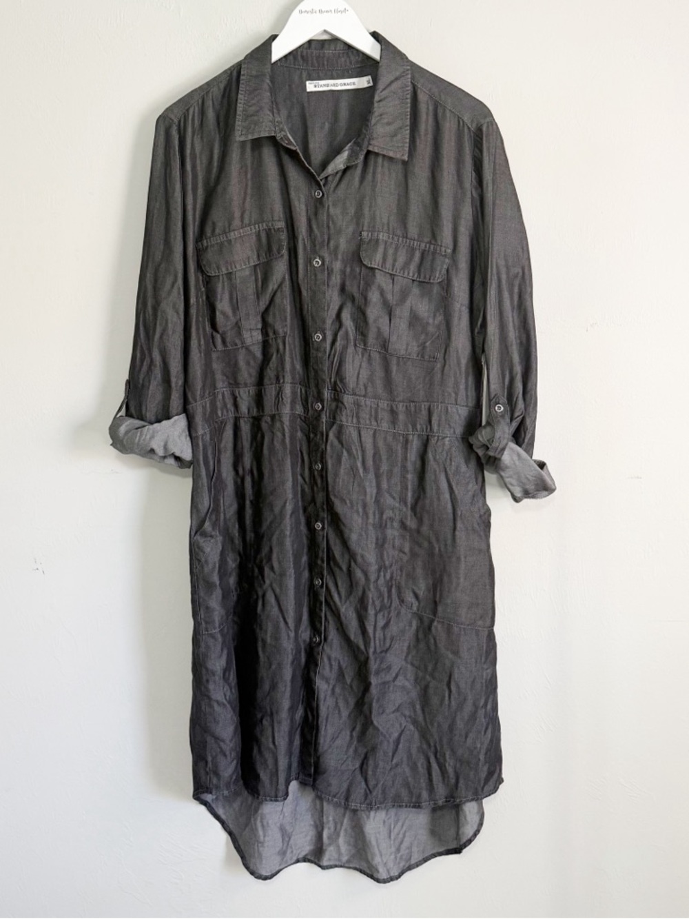 New STANDARD GRACE Women’s Charcoal Gray Chambray Button Up Shirt Dress Size XL